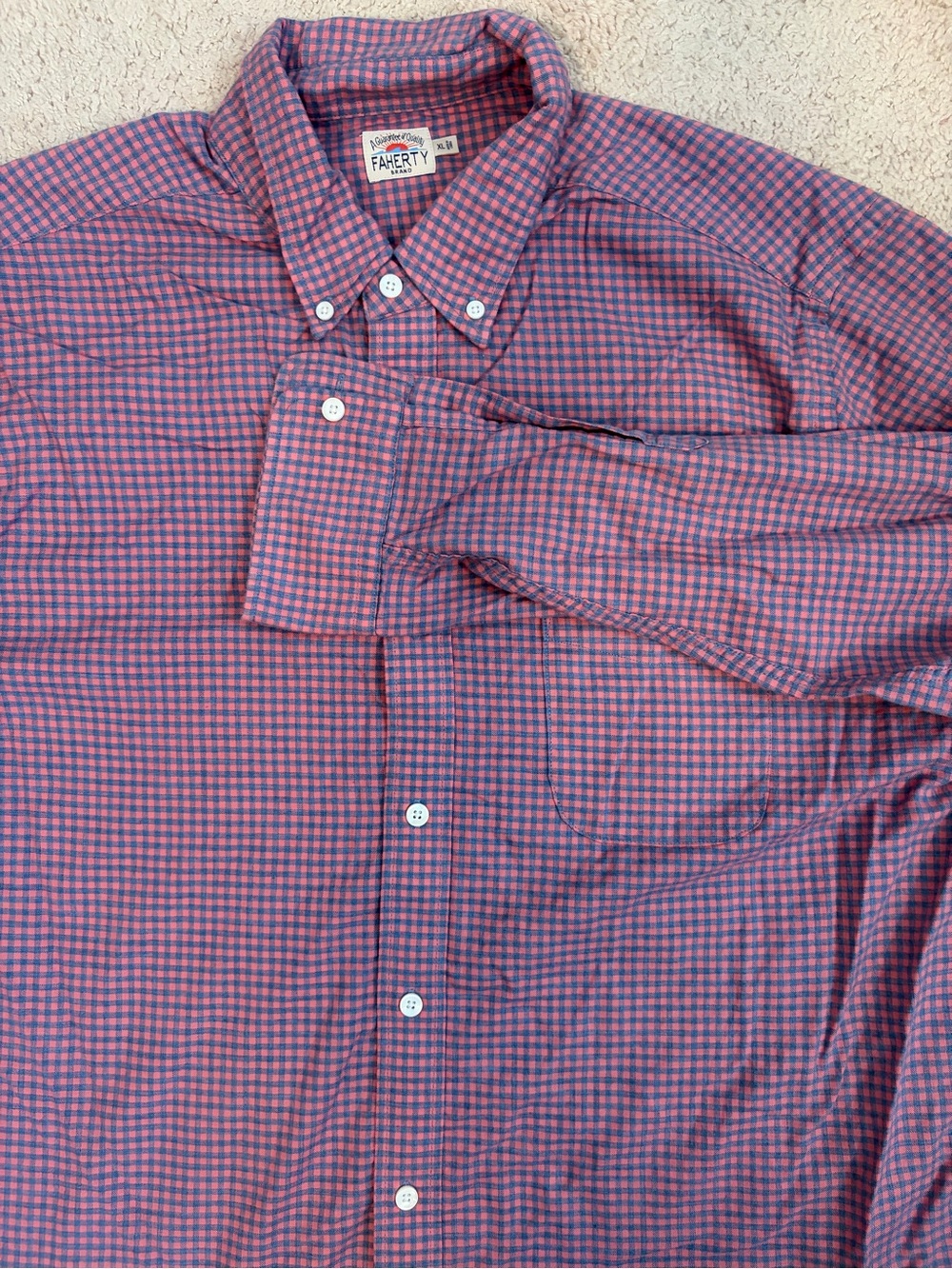 Faherty Pink Blue Gingham 100% Cotton Long Sleeve Button Down Men's Shirt Sz XL